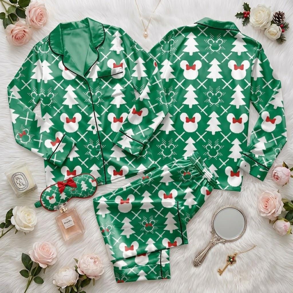 Minnie Mouse Christmas Pajamas, Disney Holiday Sleepwear With Festive Tree Motifs, Sweet Character Nightwear, Cozy Winter Bedtime Outfit