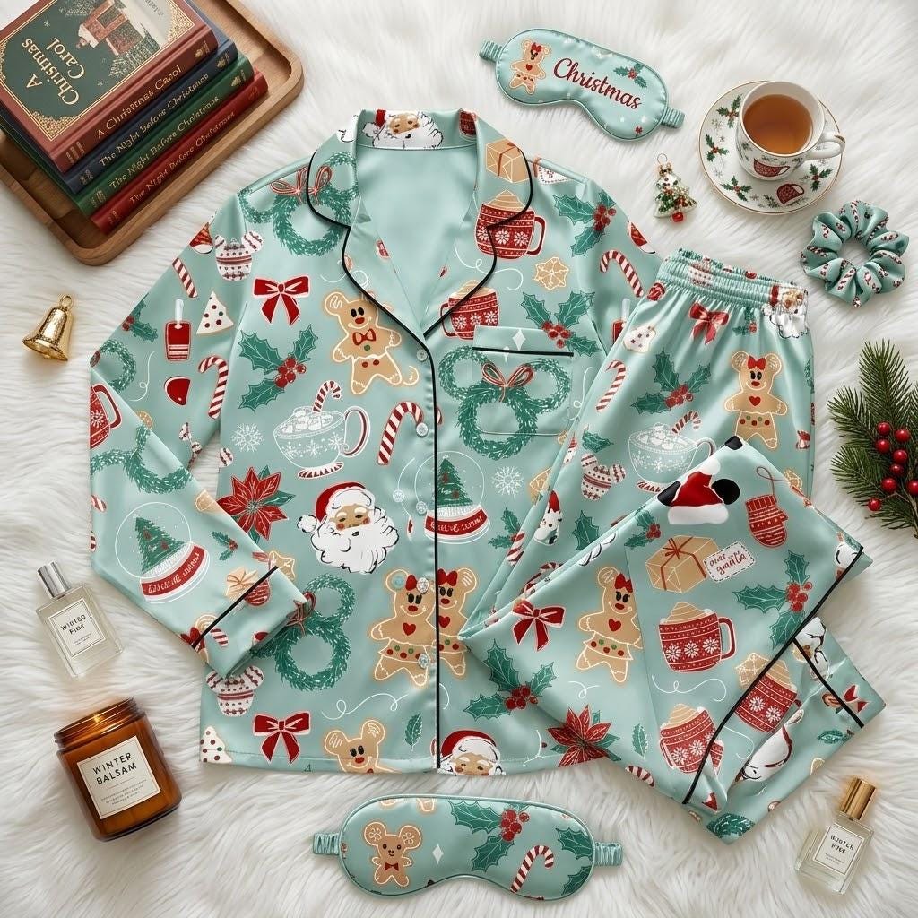 Christmas Magic In Every Disney Icon, Festive Pajamas, Classic Character Nightwear, Holiday Bedtime Outfit For Theme Park Fans