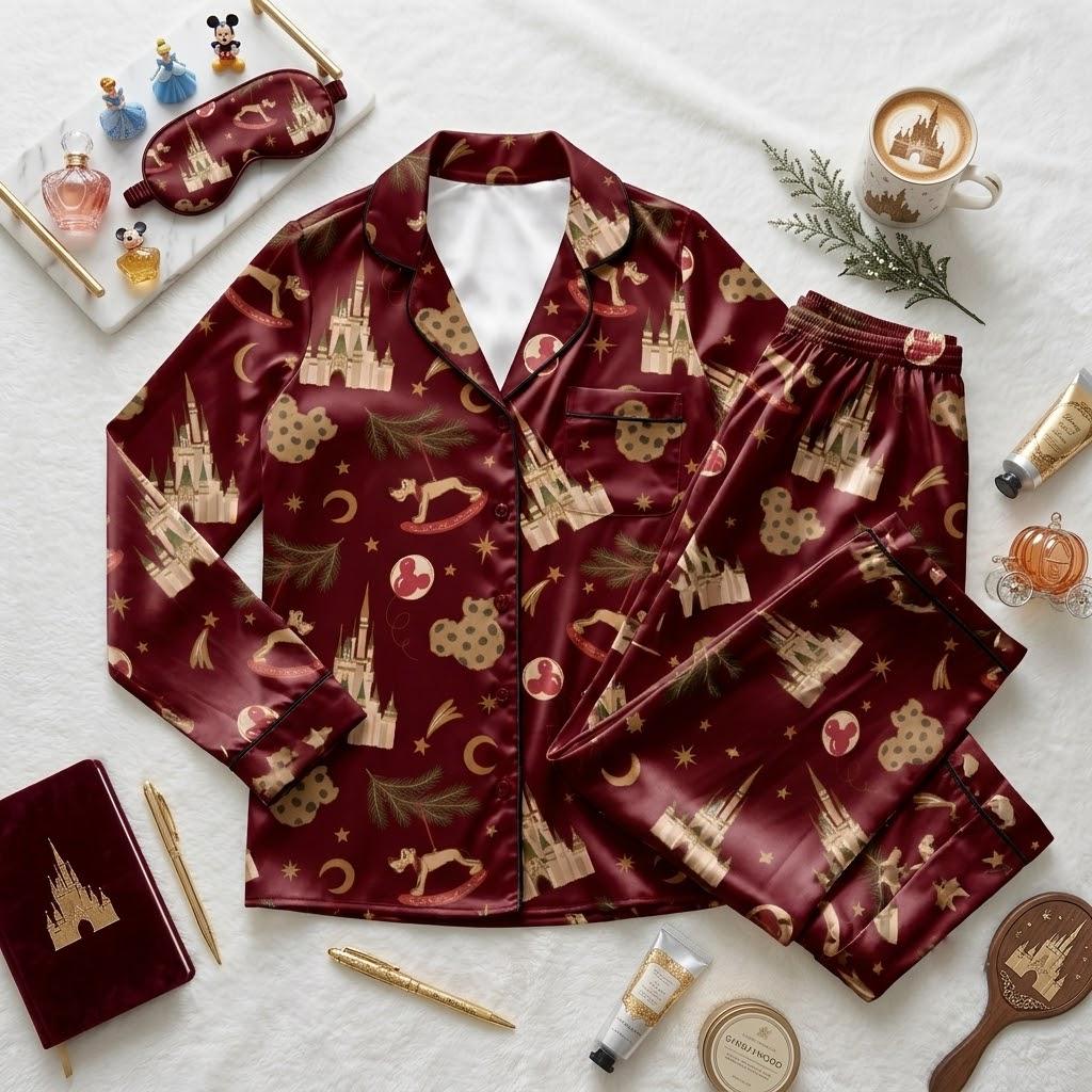 Mickey Mouse Heads And Gingerbread Castles Celebrate Disney Christmas, Holiday Pajamas, Sweet Character Nightwear, Festive Sleepwear