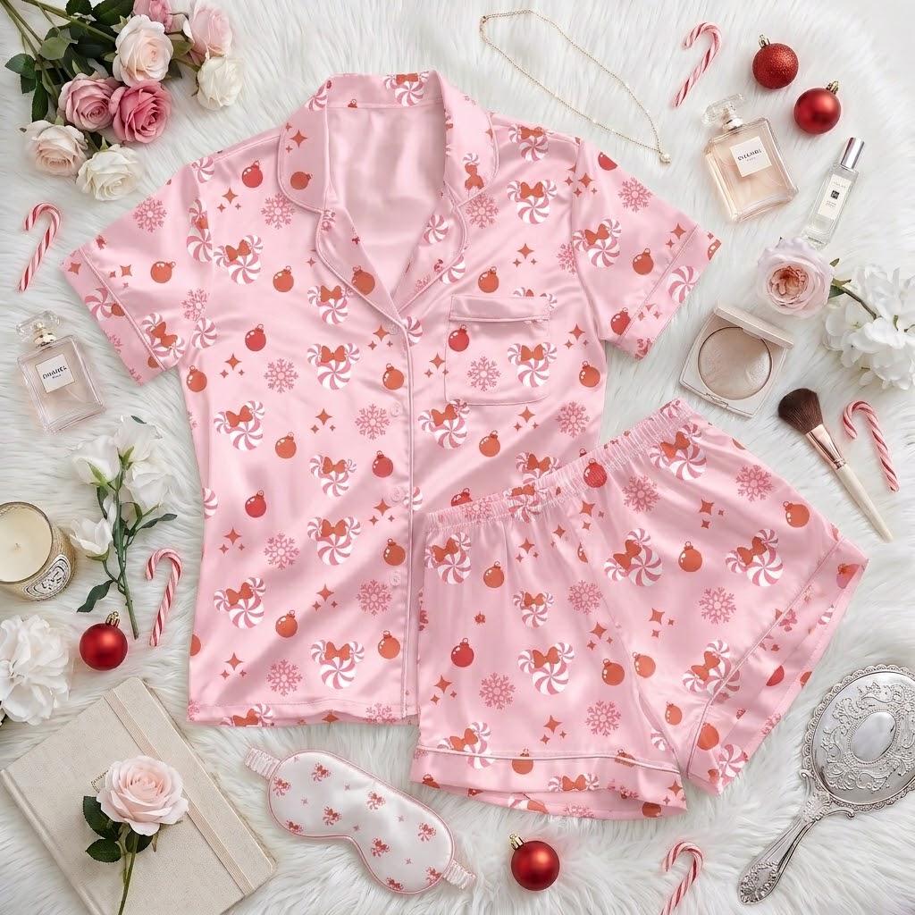 Minnie Mouse Candy Christmas Pajamas, Disney Holiday Nightwear, Sweet Treat Inspired Sleep Outfit, Festive Bedtime Style