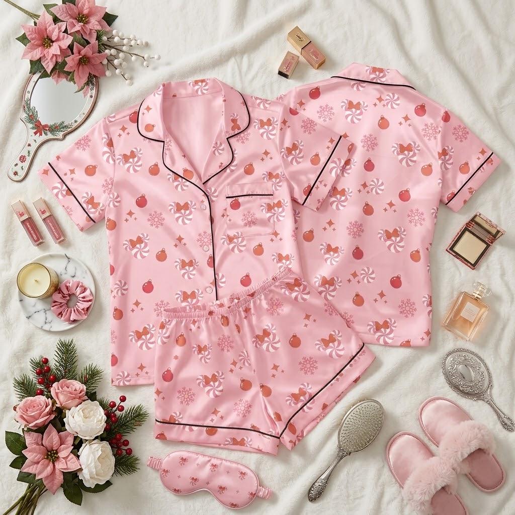 Minnie Mouse Candy Christmas Pajamas, Disney Holiday Nightwear, Sweet Treat Inspired Sleep Outfit, Festive Bedtime Style