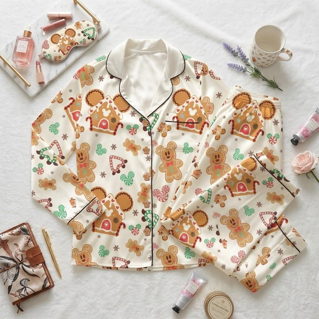Gingerbread Dreams And Disney Magic, Christmas Pajamas For Holiday Nights, Sweet Character Nightwear, Cozy Winter Bedtime Outfit