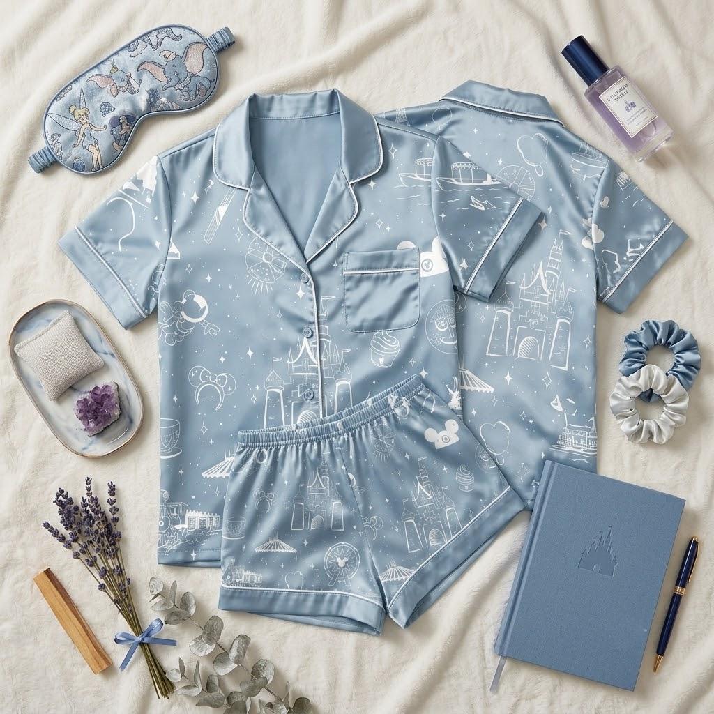 Disneyland Icons For Magical Vacation Dreams, Castle And Park Inspired Pajamas, Theme Park Nightwear, Whimsical Bedtime Outfit