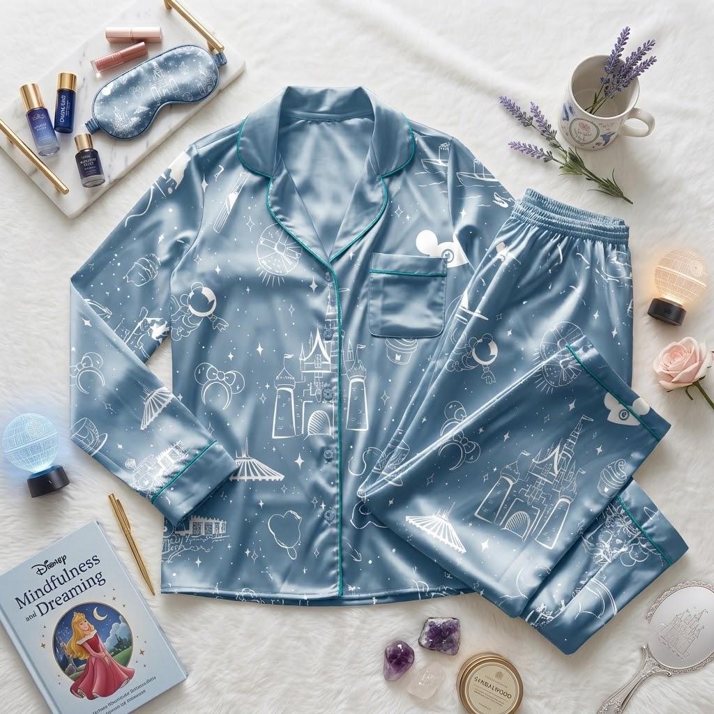 Disneyland Icons For Magical Vacation Dreams, Castle And Park Inspired Pajamas, Theme Park Nightwear, Whimsical Bedtime Outfit