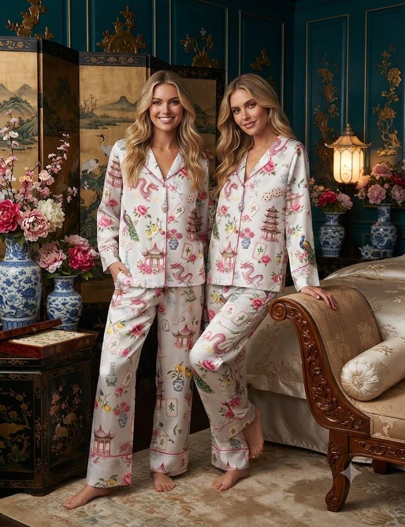 Mahjong Pajama Set, ChinoiserieSleepwear, Dragon Peacock Pagoda Loungewear Gift for Game Night, Chinoiserie Pajamas