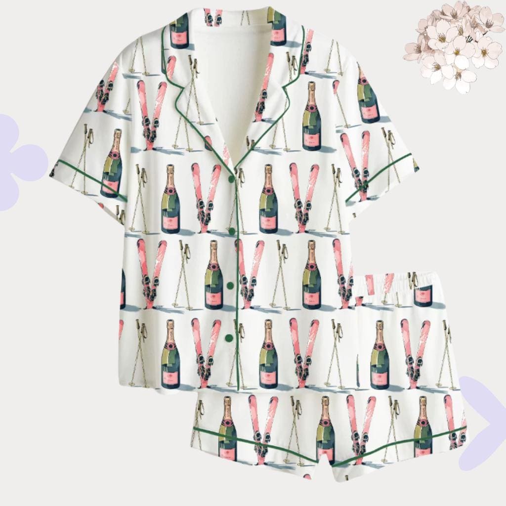 Champagne Ski Pajama Set - Bachelorette Party Sleepwear, Girls Trip Pajamas, Winter Birthday Gift