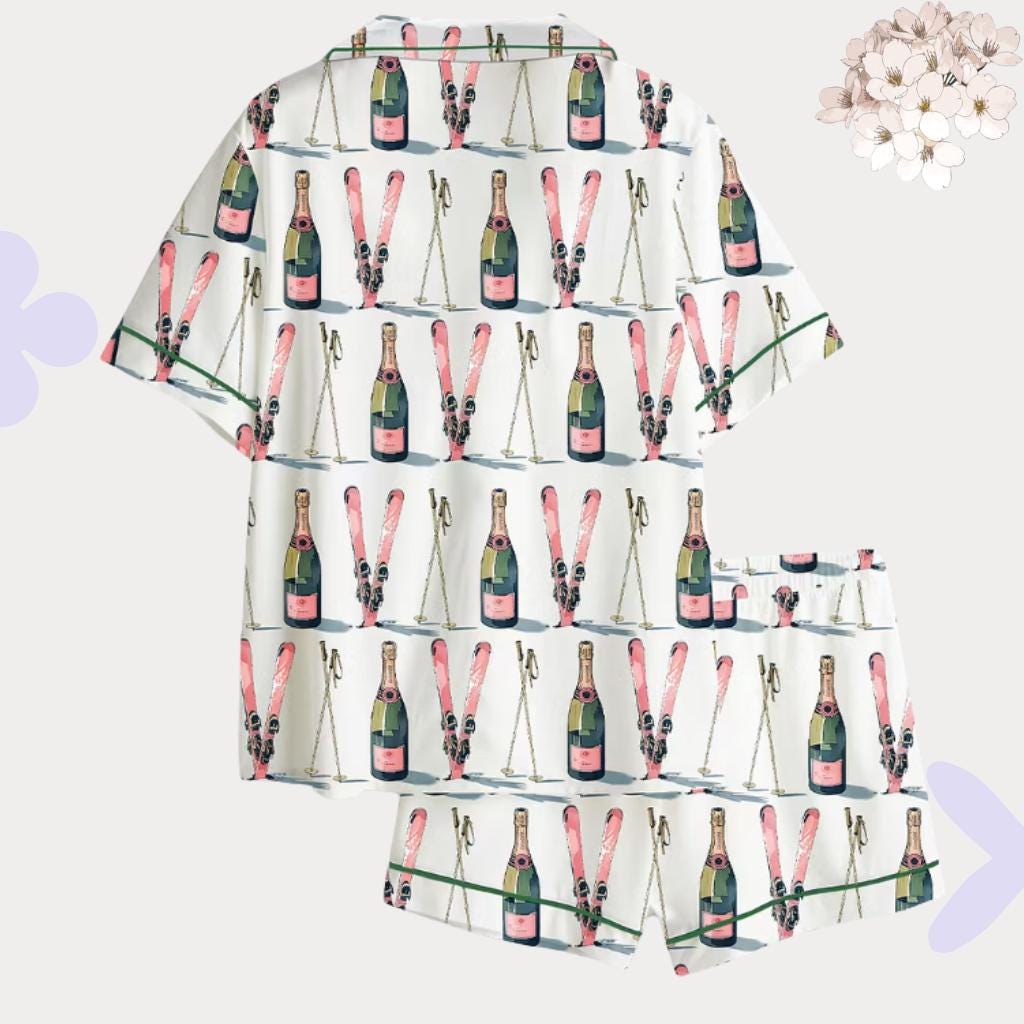 Champagne Ski Pajama Set - Bachelorette Party Sleepwear, Girls Trip Pajamas, Winter Birthday Gift