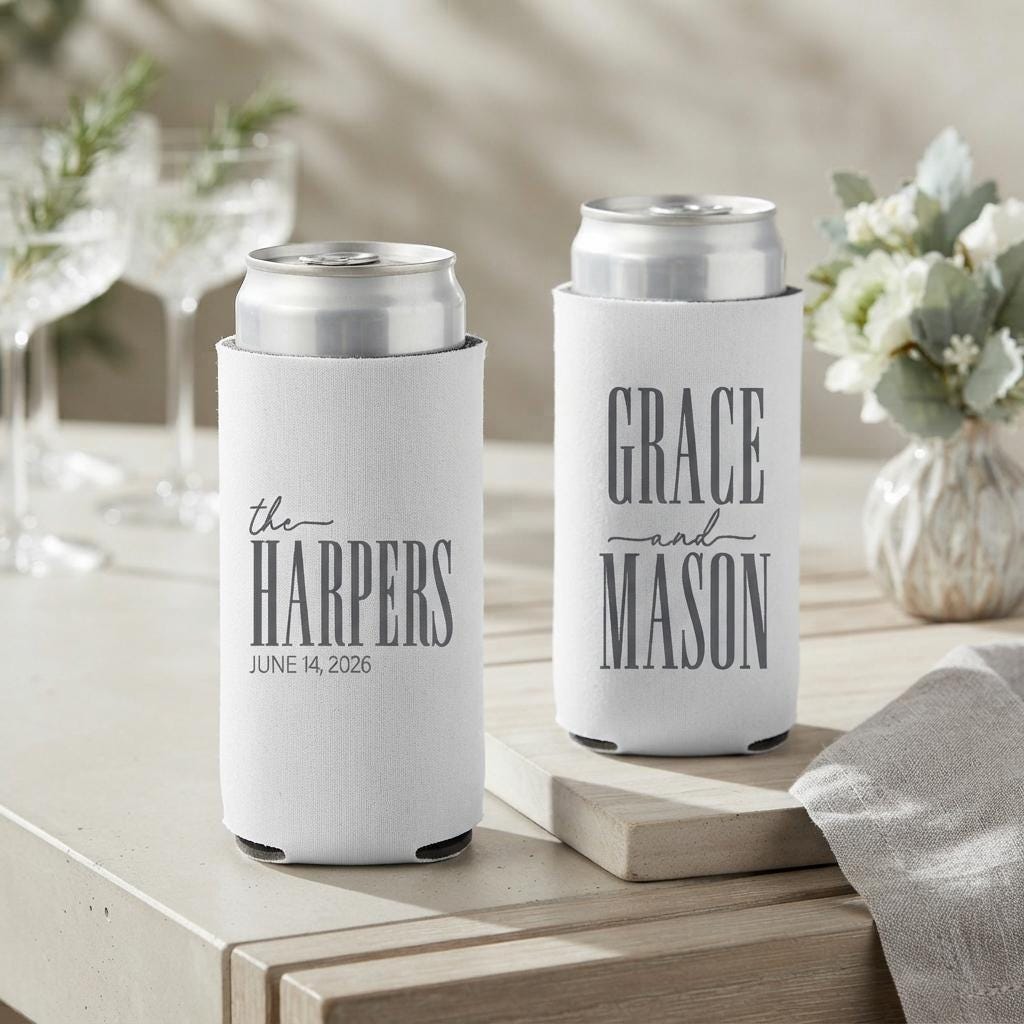 Personalized Slim Can Coolers Wedding Favors, Custom Seltzer Drink Holders for Wedding Guests and Reception Tables