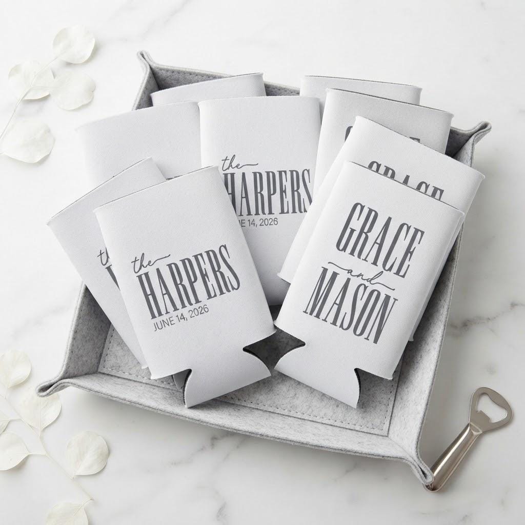 Personalized Slim Can Coolers Wedding Favors, Custom Seltzer Drink Holders for Wedding Guests and Reception Tables