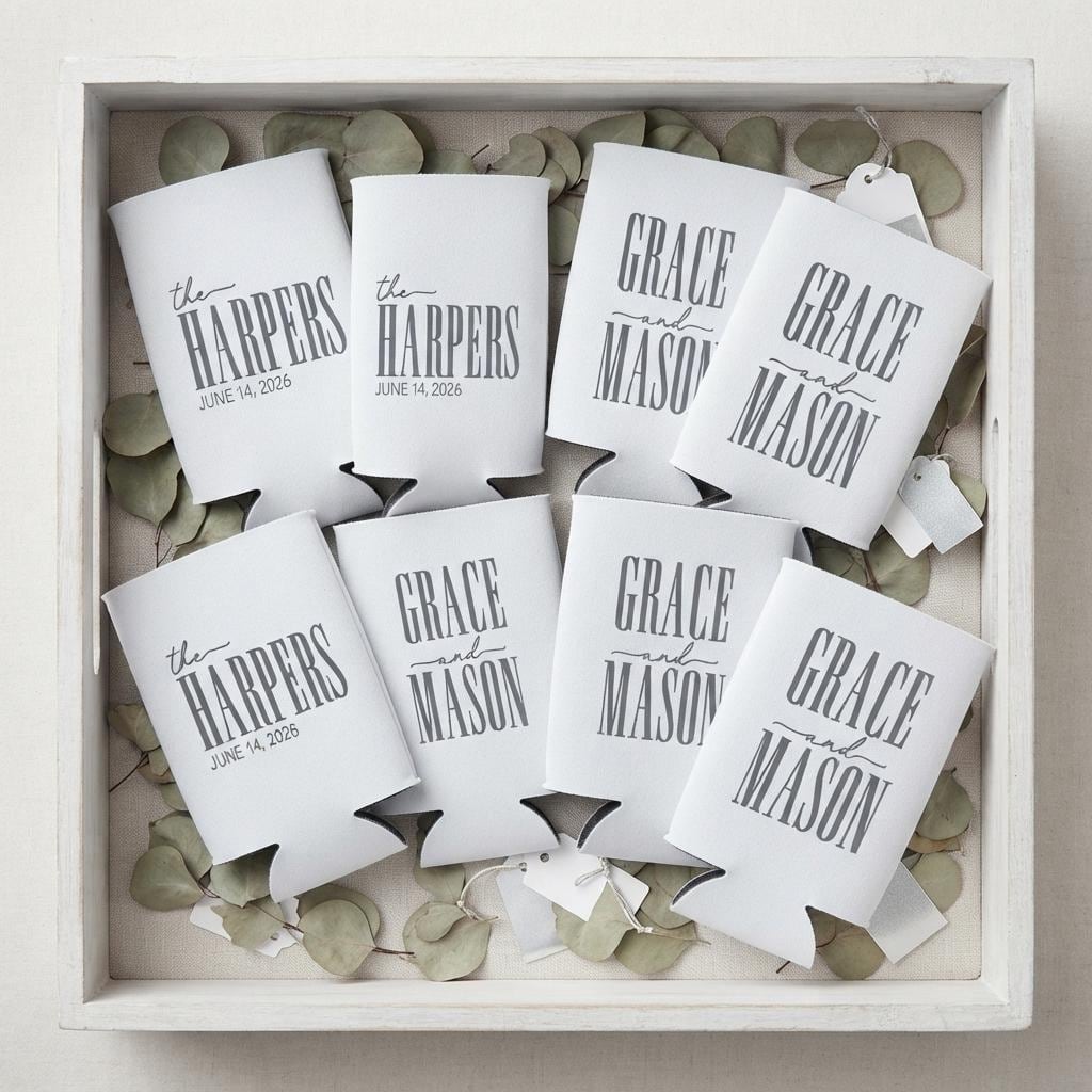 Personalized Slim Can Coolers Wedding Favors, Custom Seltzer Drink Holders for Wedding Guests and Reception Tables