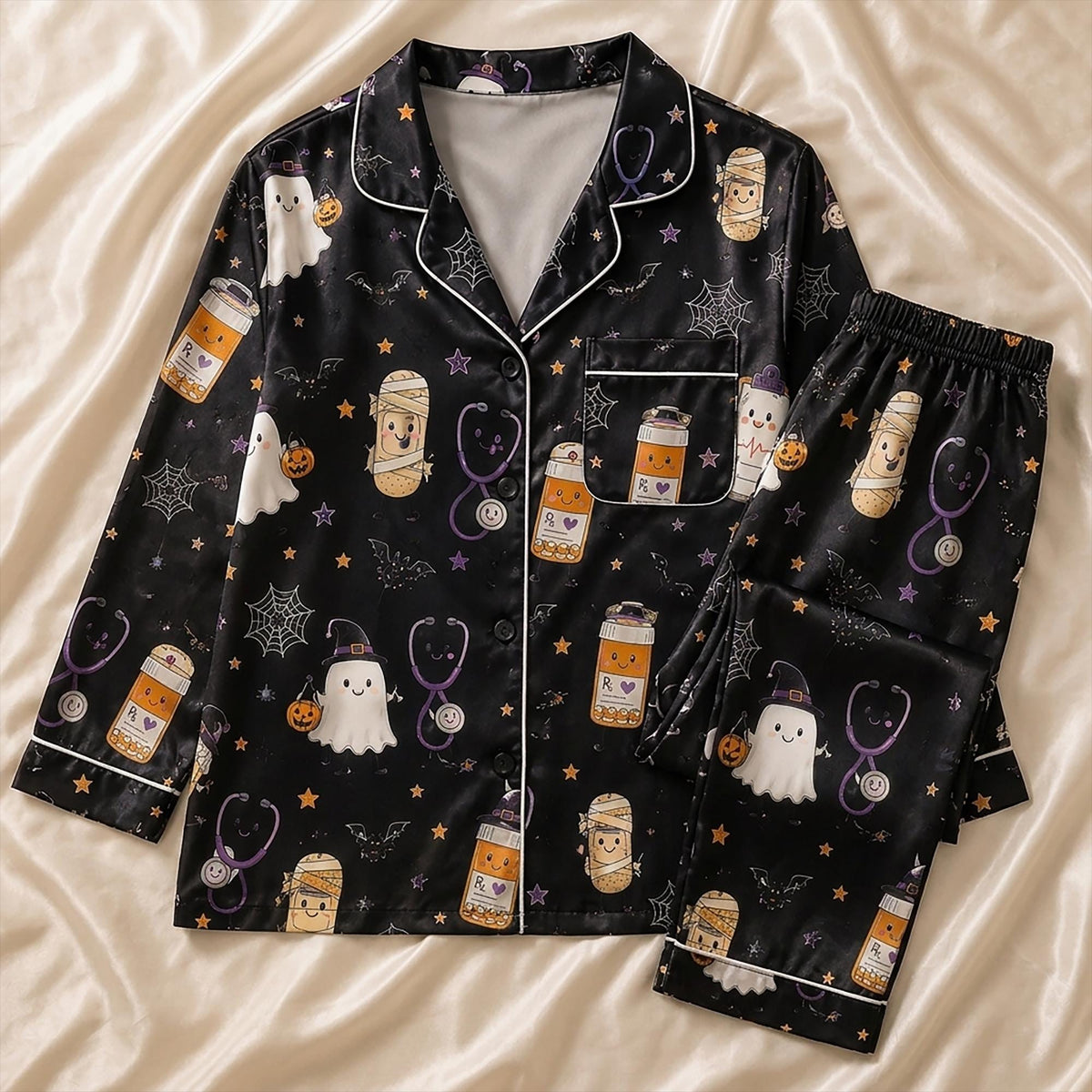 Halloween Nurse Pajamas Set, Spooky Nursing Doodle Satin Sleepwear, Funny Healthcare Ghost Gift for Women Nurse