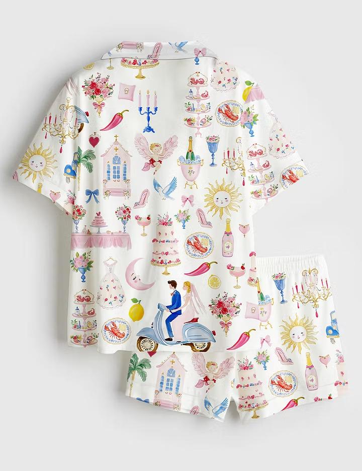 Pastel Wedding Cake Satin Pajamas, Whimsical Bride Groom Sleepwear, Food Print Short Sleeve PJ Set, Cute Bridal Lounge Set