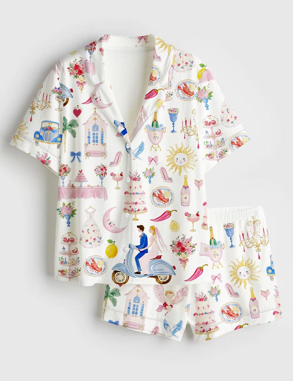 Pastel Wedding Cake Satin Pajamas, Whimsical Bride Groom Sleepwear, Food Print Short Sleeve PJ Set, Cute Bridal Lounge Set