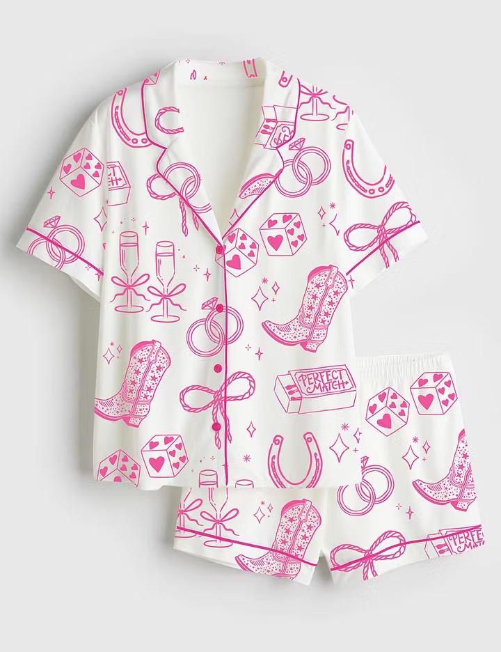 Floral Bow Cowgirl Bridal Satin Pajama Set, Coquette Western Wedding Short Sleeve Sleepwear, Cute Bride Lounge PJs