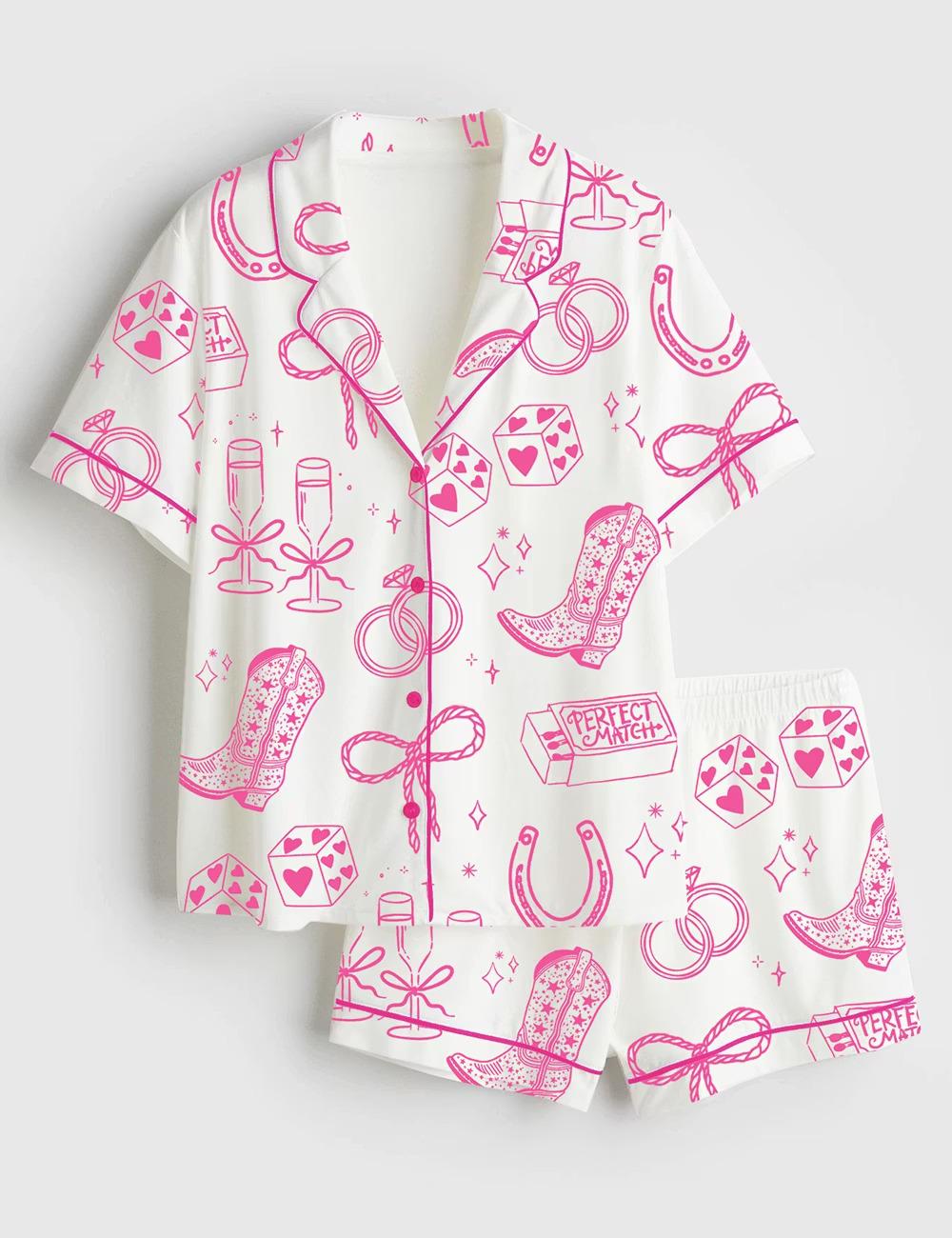Floral Bow Cowgirl Bridal Satin Pajama Set, Coquette Western Wedding Short Sleeve Sleepwear, Cute Bride Lounge PJs