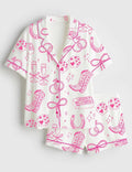 Floral Bow Cowgirl Bridal Satin Pajama Set, Coquette Western Wedding Short Sleeve Sleepwear, Cute Bride Lounge PJs