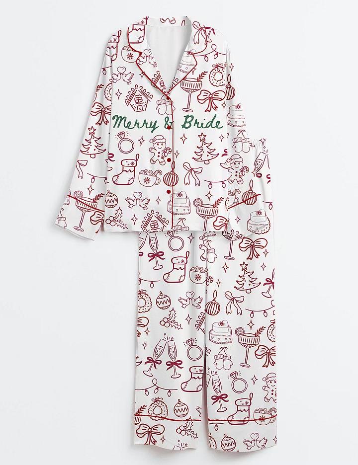 Merry And Bride Christmas Satin Pajamas, Holiday Bachelorette Short Sleeve Sleepwear, Festive Bridal Party Lounge Set