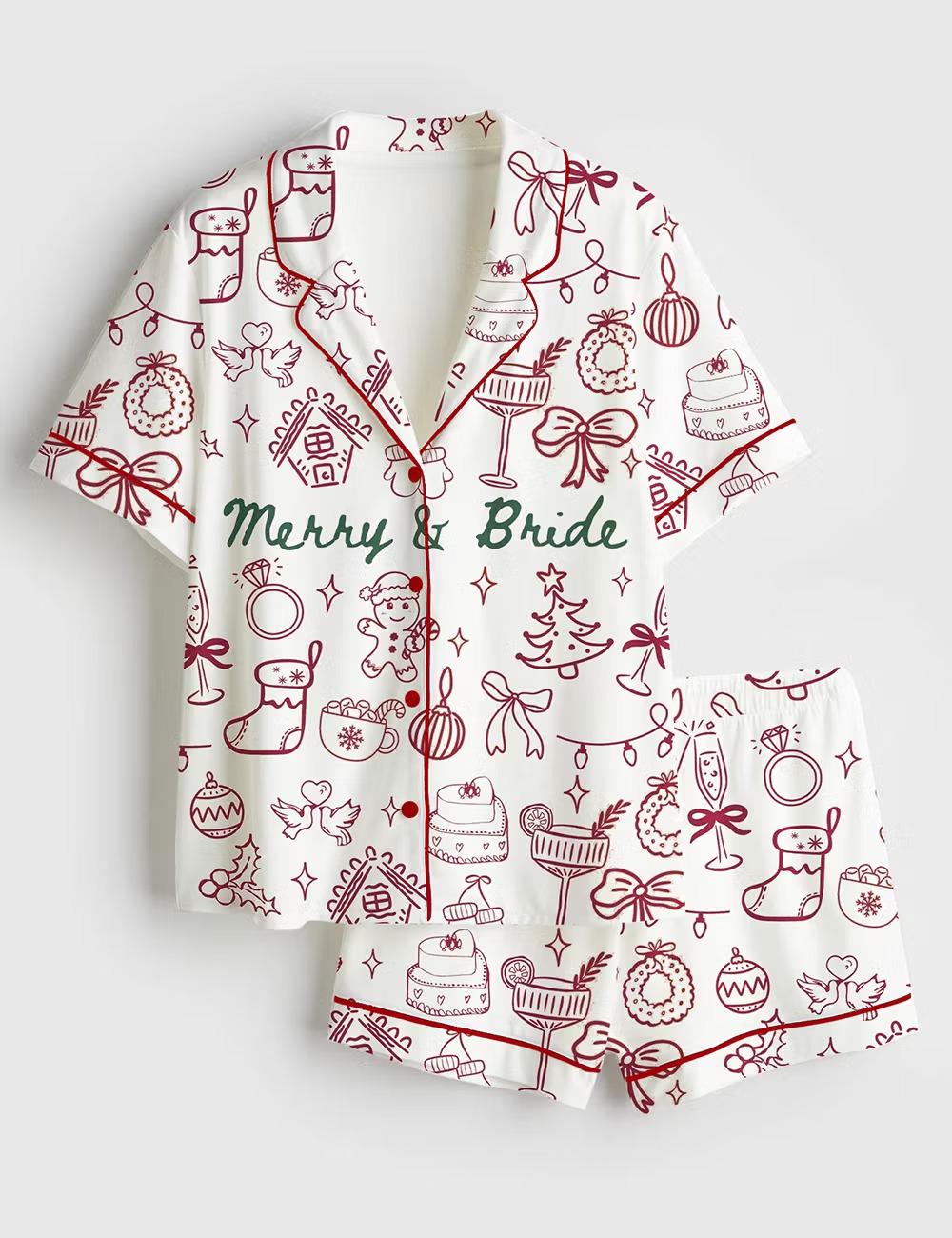Merry And Bride Christmas Satin Pajamas, Holiday Bachelorette Short Sleeve Sleepwear, Festive Bridal Party Lounge Set