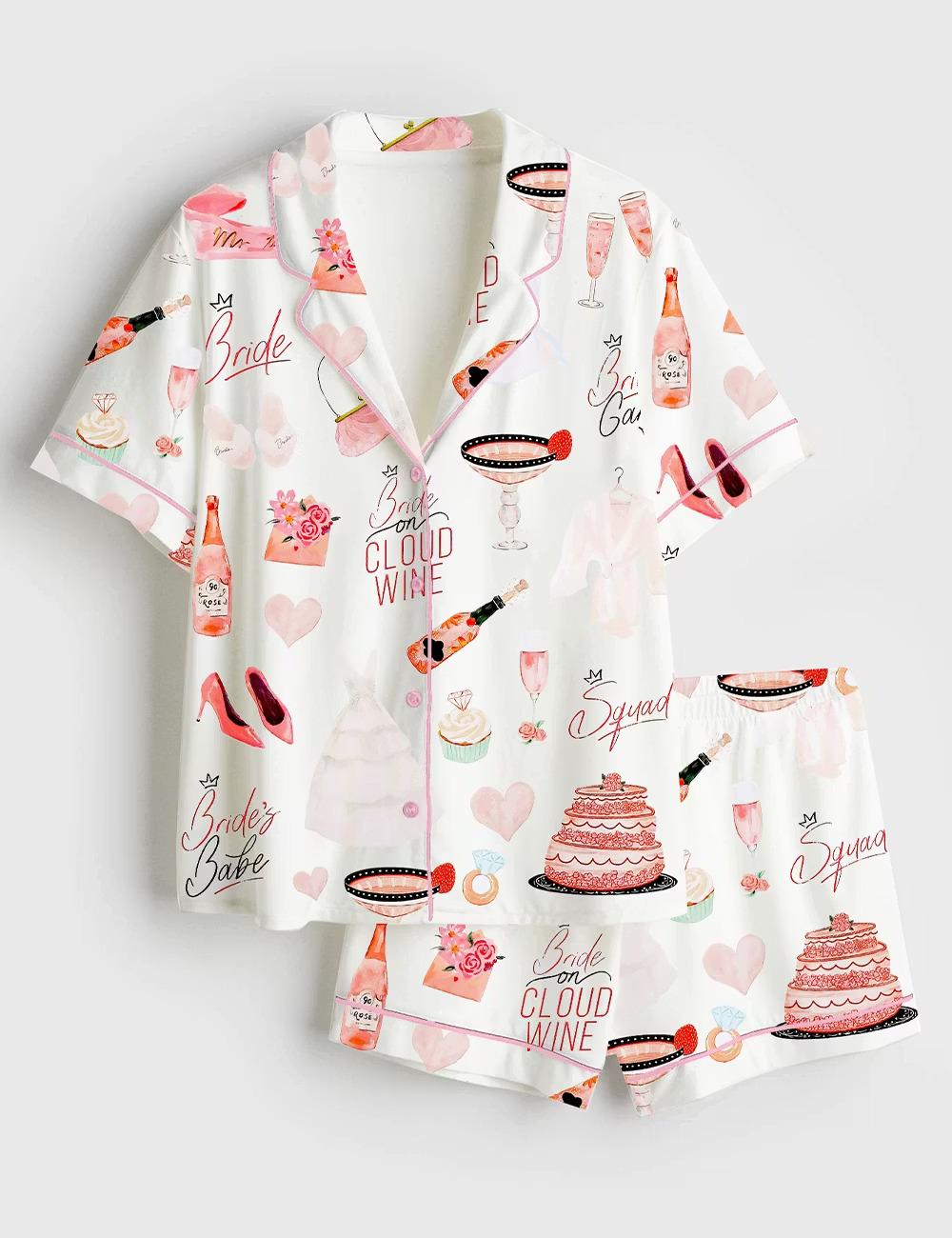 On Cloud Wine Satin Pajamas, Whimsical Bride Wedding Short Sleeve Sleepwear, Funny Wine Lover Bridal Party Lounge Set