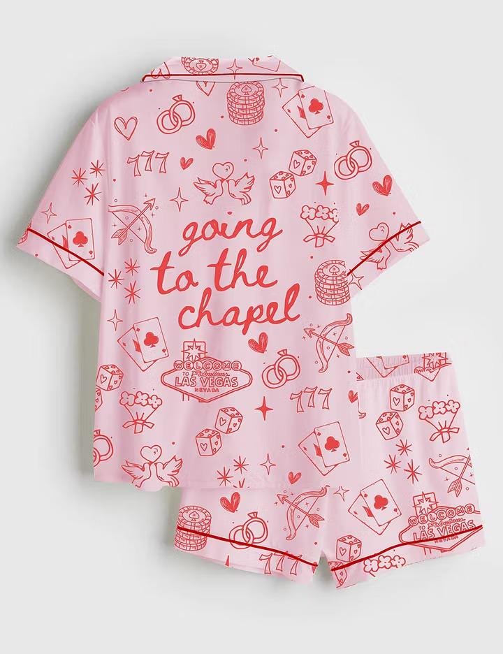 Las Vegas Bachelorette Satin Pajamas, Going To The Chapel Bride Short Sleeve Sleepwear, Coquette Engagement Lounge Set