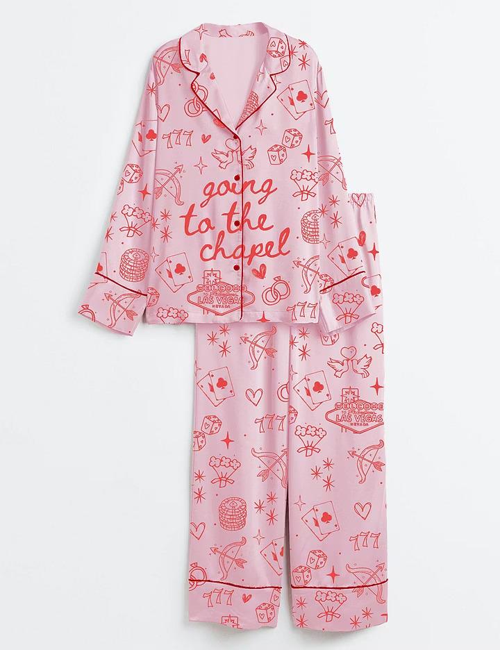 Las Vegas Bachelorette Satin Pajamas, Going To The Chapel Bride Short Sleeve Sleepwear, Coquette Engagement Lounge Set