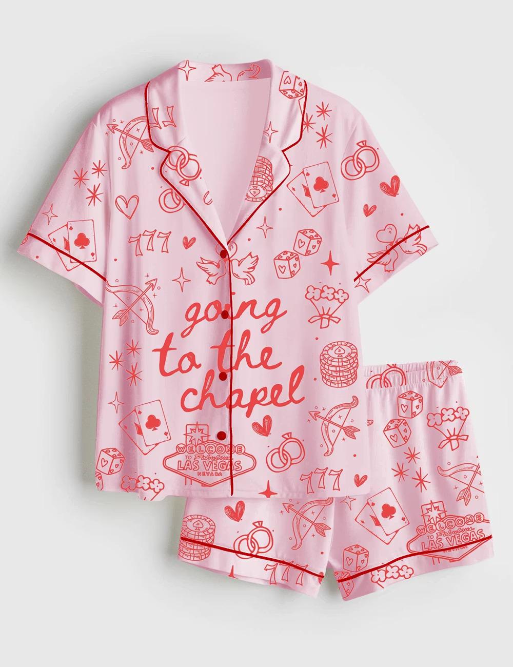 Las Vegas Bachelorette Satin Pajamas, Going To The Chapel Bride Short Sleeve Sleepwear, Coquette Engagement Lounge Set