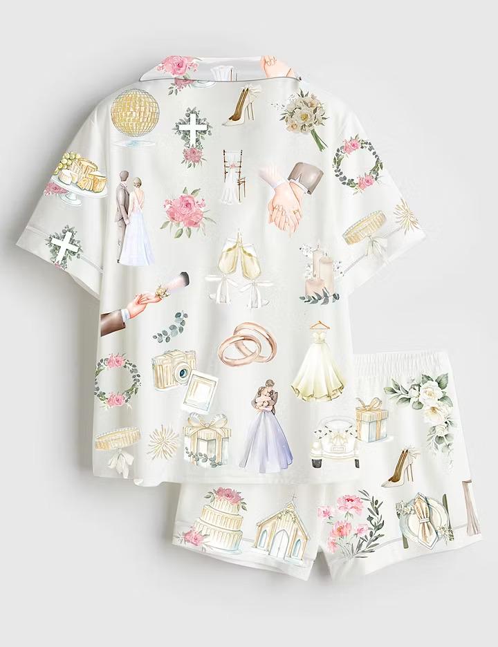 Watercolor Wedding Timeline Satin Pajamas, Floral Bride Groom Short Sleeve Sleepwear, Summer Marriage Print Lounge Set