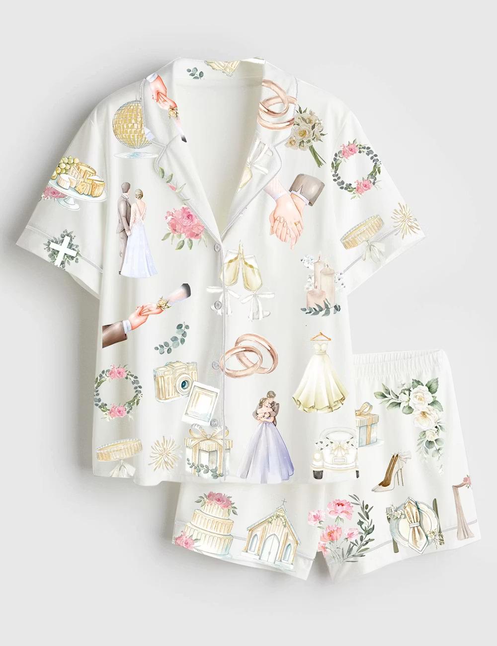 Watercolor Wedding Timeline Satin Pajamas, Floral Bride Groom Short Sleeve Sleepwear, Summer Marriage Print Lounge Set