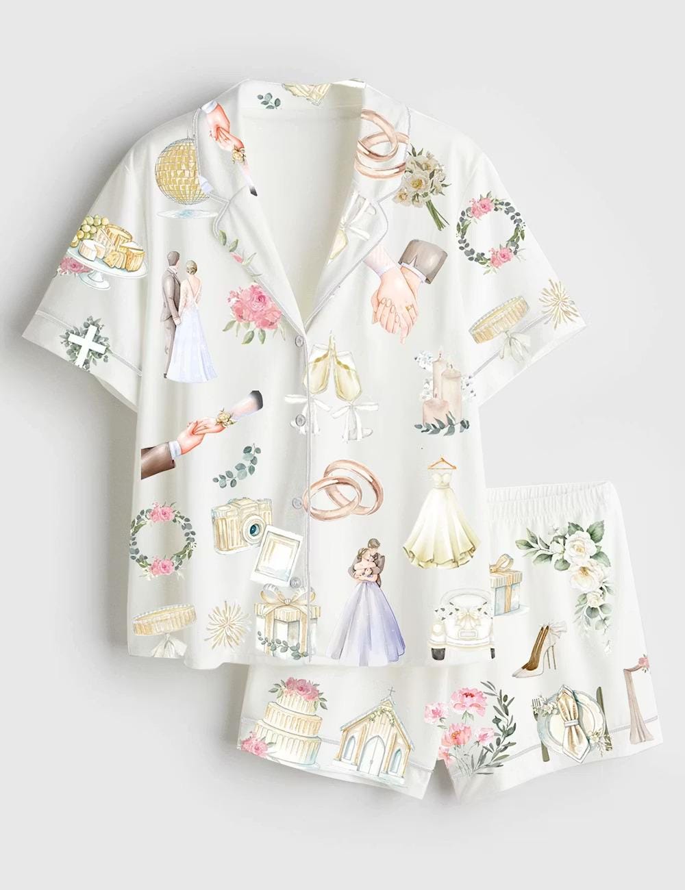 Watercolor Wedding Timeline Satin Pajamas, Floral Bride Groom Short Sleeve Sleepwear, Summer Marriage Print Lounge Set