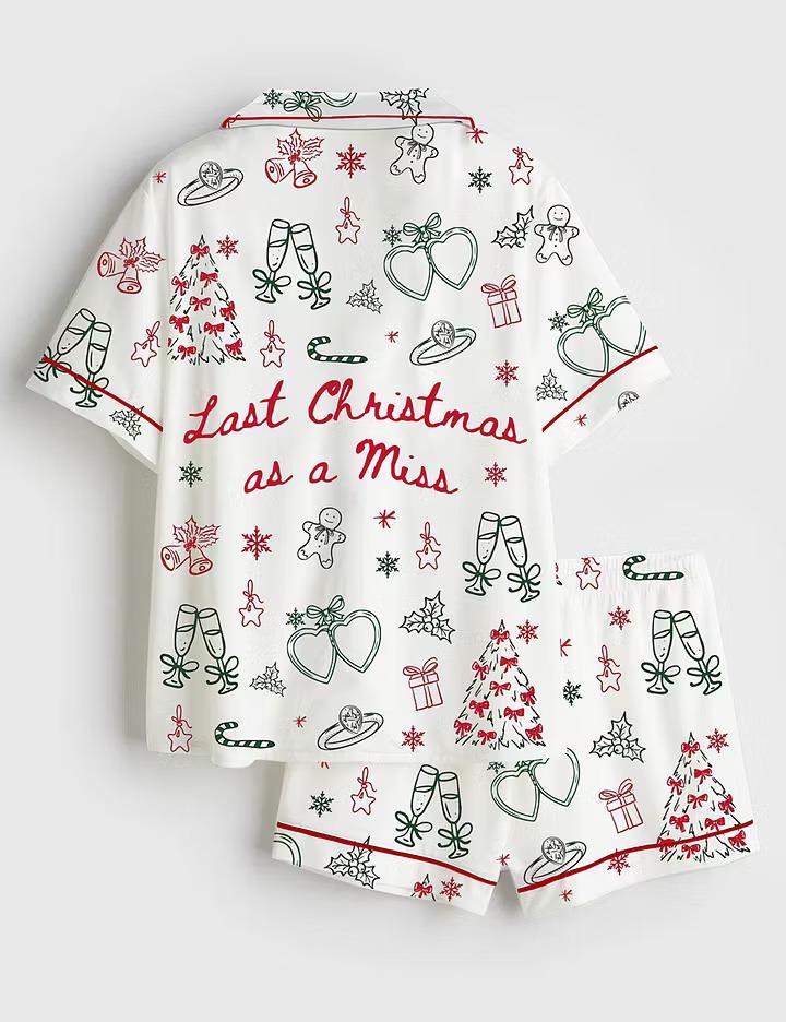 Last Christmas As A Miss Satin Pajamas, Bride Holiday Short Sleeve Sleepwear, Festive Winter Bridal Party Lounge Set