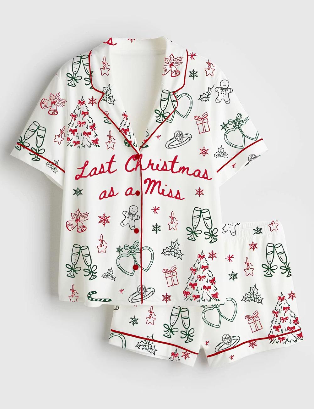 Last Christmas As A Miss Satin Pajamas, Bride Holiday Short Sleeve Sleepwear, Festive Winter Bridal Party Lounge Set