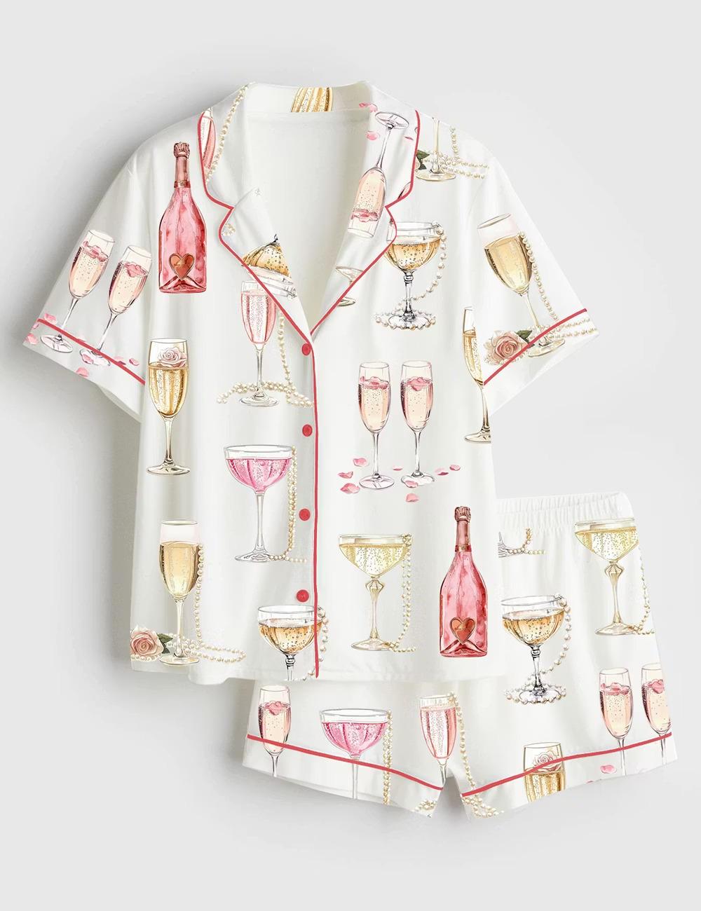 Pearls And Prosecco Satin Pajamas, Champagne Bridal Shower Short Sleeve Sleepwear, Elegant Bride Party Lounge Set