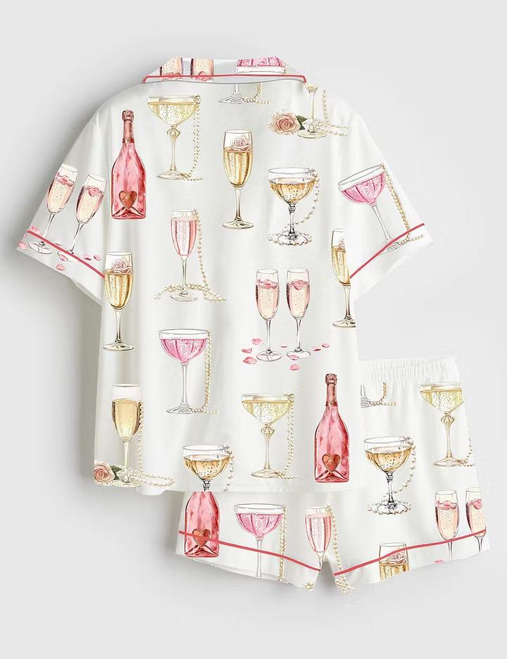Pearls And Prosecco Satin Pajamas, Champagne Bridal Shower Short Sleeve Sleepwear, Elegant Bride Party Lounge Set