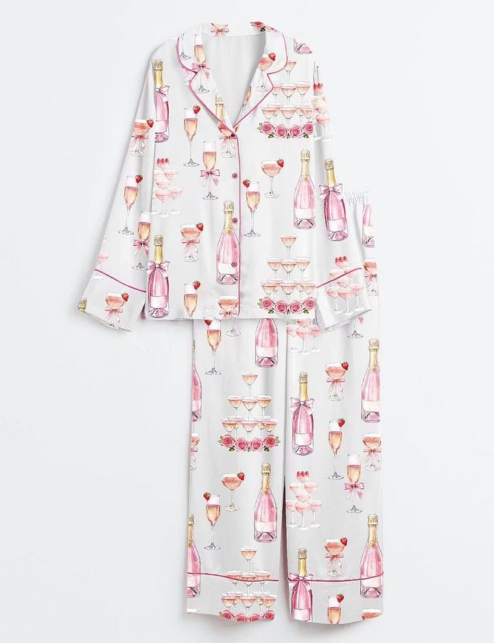 Pink Champagne Tower Satin Pajamas, Bridal Shower Short Sleeve Sleepwear, Celebration Bride Party Lounge Set
