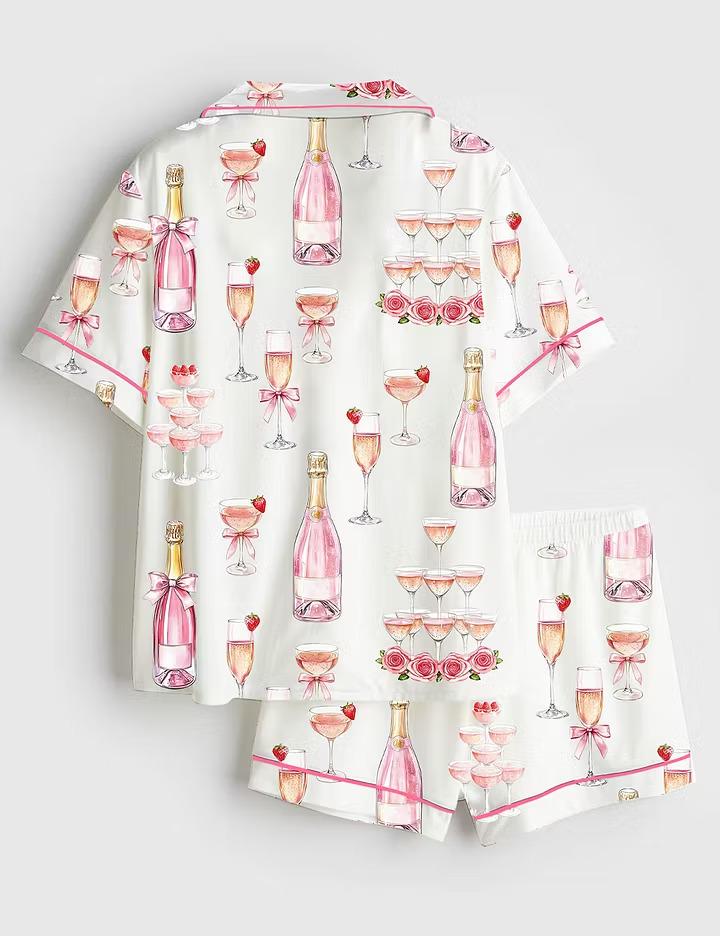 Pink Champagne Tower Satin Pajamas, Bridal Shower Short Sleeve Sleepwear, Celebration Bride Party Lounge Set
