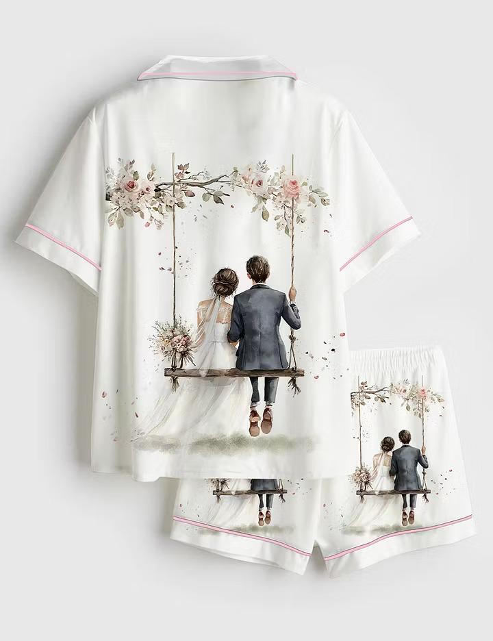 Bride And Groom Swing Satin Pajamas, Floral Art Print Short Sleeve Sleepwear, Romantic Wedding Silk-Feel Lounge Set