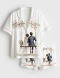 Bride And Groom Swing Satin Pajamas, Floral Art Print Short Sleeve Sleepwear, Romantic Wedding Silk-Feel Lounge Set