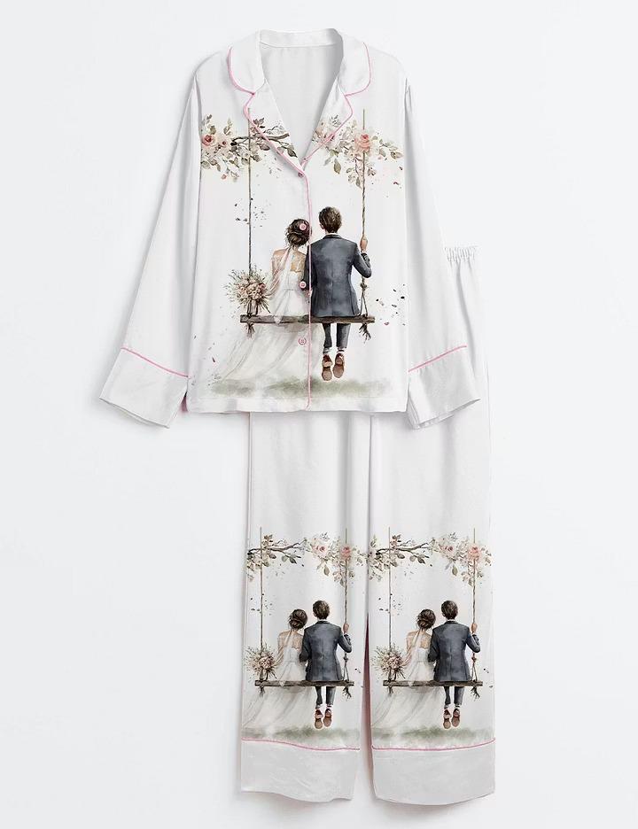 Bride And Groom Swing Satin Pajamas, Floral Art Print Short Sleeve Sleepwear, Romantic Wedding Silk-Feel Lounge Set