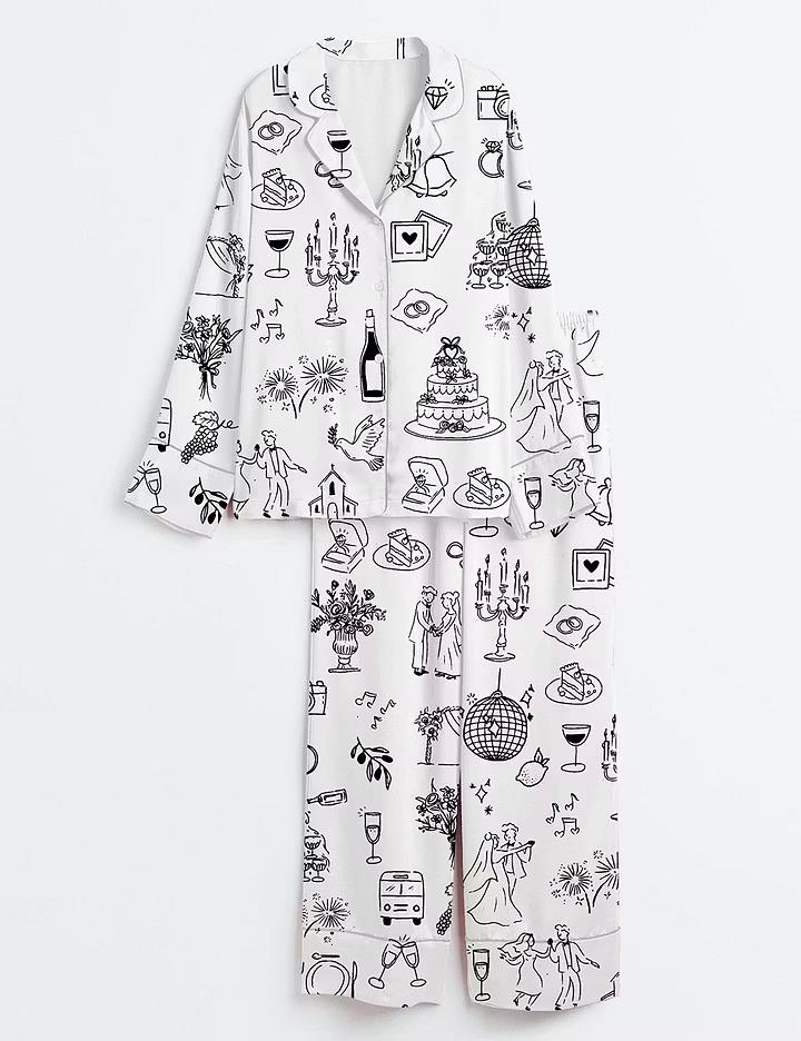 Custom Wedding Timeline Satin Pajama Set, Hand Drawn Icons Sleepwear, Champagne Bride Pjs, Bridal Shower Gift, Getting Ready Outfit