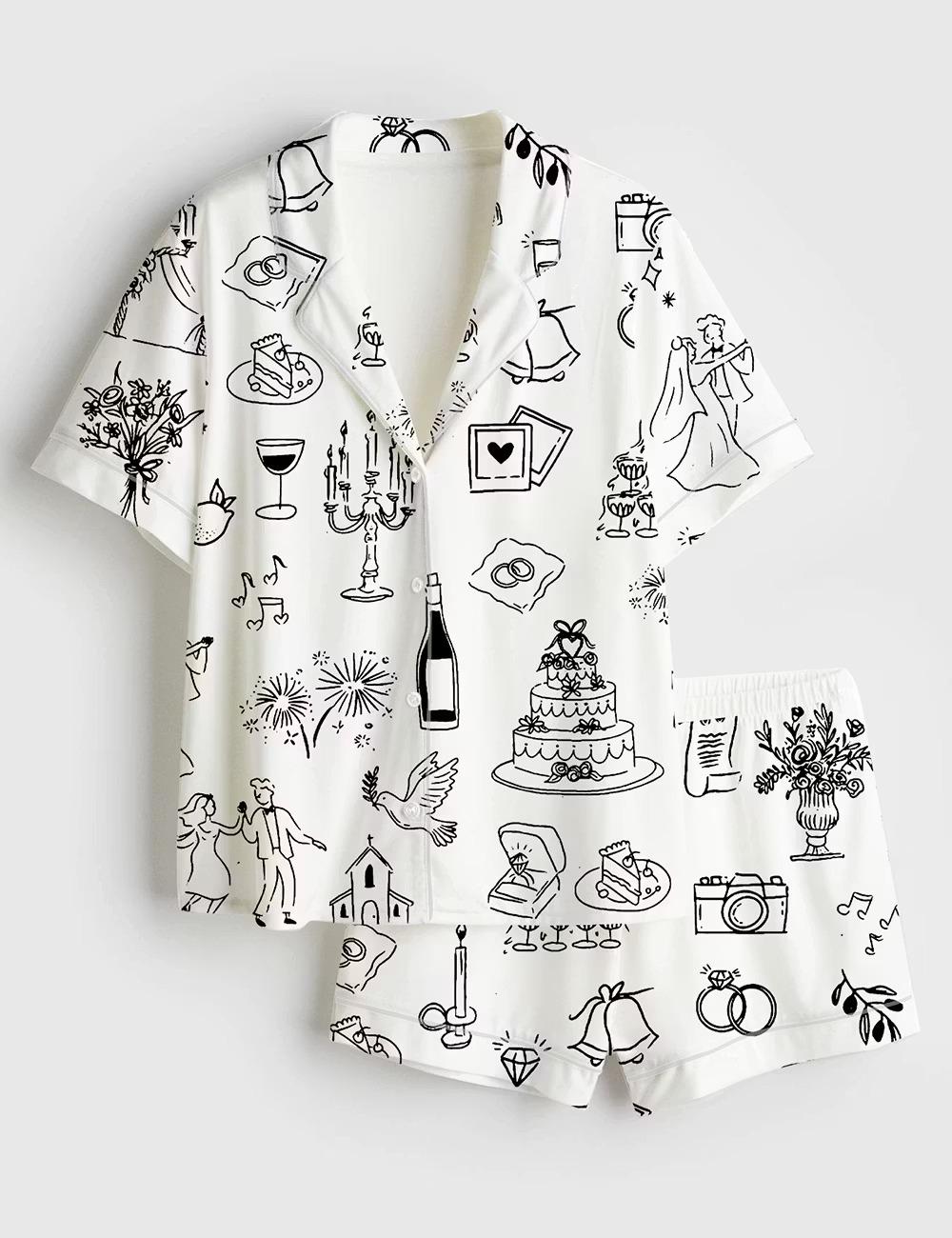 Custom Wedding Timeline Satin Pajama Set, Hand Drawn Icons Sleepwear, Champagne Bride Pjs, Bridal Shower Gift, Getting Ready Outfit