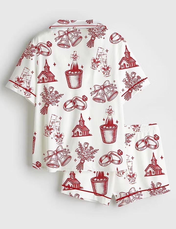 Going To The Chapel Satin Pajama Set, Wedding Party Champagne Pjs, Short Sleeve Bridal Sleepwear, Getting Ready Outfit, Bride Gift