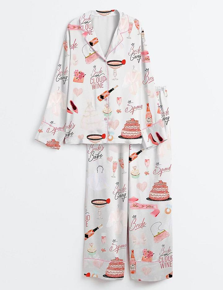 On Cloud Wine Satin Pajama Set, Whimsical Bride Silky Sleepwear, Wine Theme Bachelorette Pjs, Bridal Shower Gift, Getting Ready Outfit
