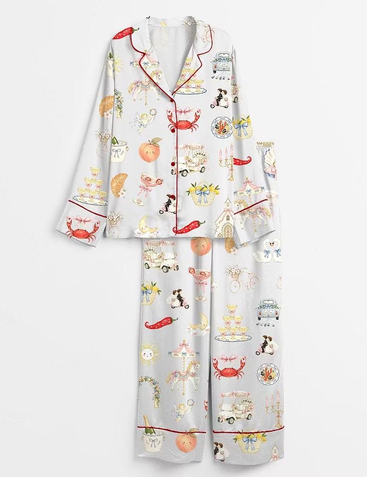 Whimsical Bridal Bachelorette Satin Pajamas, Wedding Art Silky Sleepwear Set, Short Sleeve Bride Pjs, Bridal Party Gift