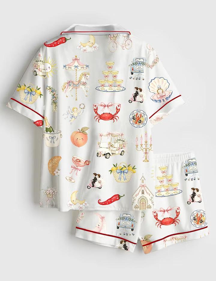 Whimsical Bridal Bachelorette Satin Pajamas, Wedding Art Silky Sleepwear Set, Short Sleeve Bride Pjs, Bridal Party Gift