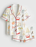 Whimsical Bridal Bachelorette Satin Pajamas, Wedding Art Silky Sleepwear Set, Short Sleeve Bride Pjs, Bridal Party Gift