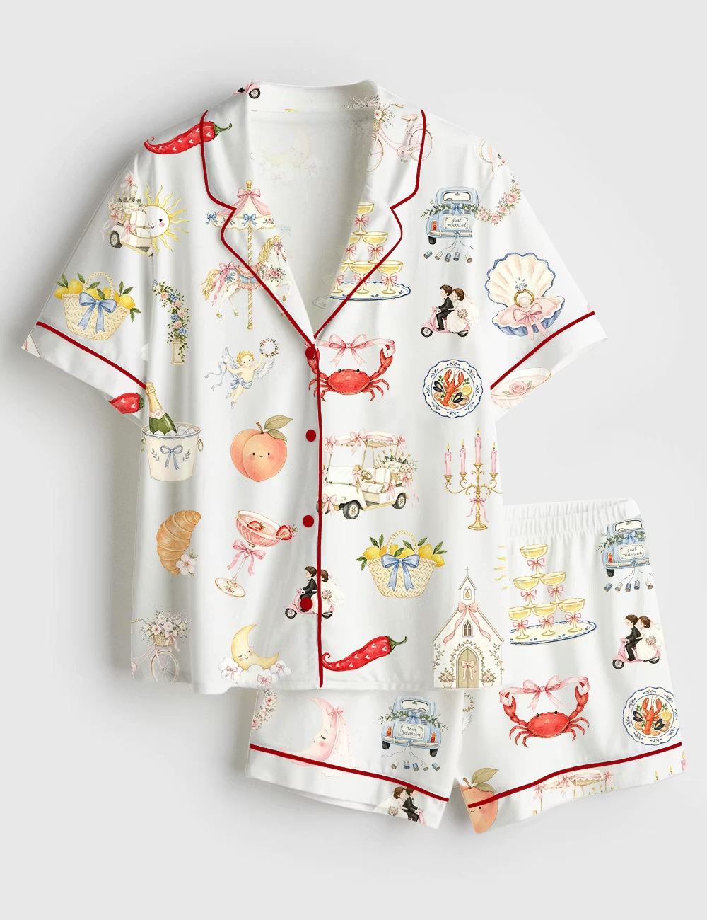 Whimsical Bridal Bachelorette Satin Pajamas, Wedding Art Silky Sleepwear Set, Short Sleeve Bride Pjs, Bridal Party Gift