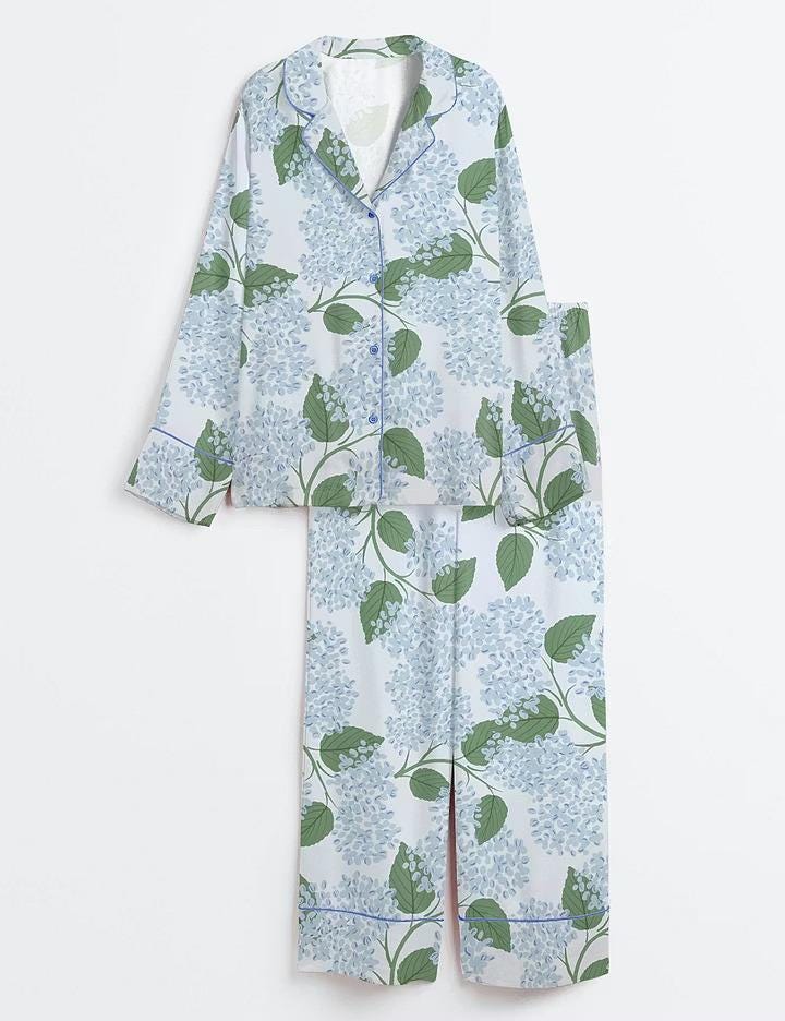 Light Blue Hydrangea Satin Pajama Set, Grandmillennial Coastal Wedding Sleepwear, Short Sleeve Bride Pjs, Bridal Shower Gift