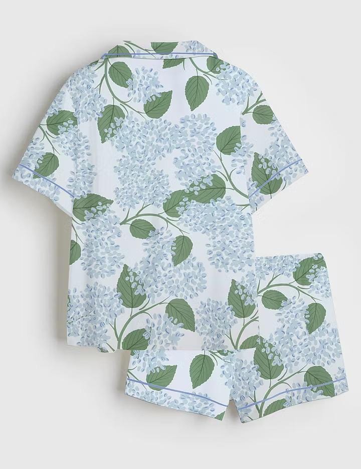 Light Blue Hydrangea Satin Pajama Set, Grandmillennial Coastal Wedding Sleepwear, Short Sleeve Bride Pjs, Bridal Shower Gift
