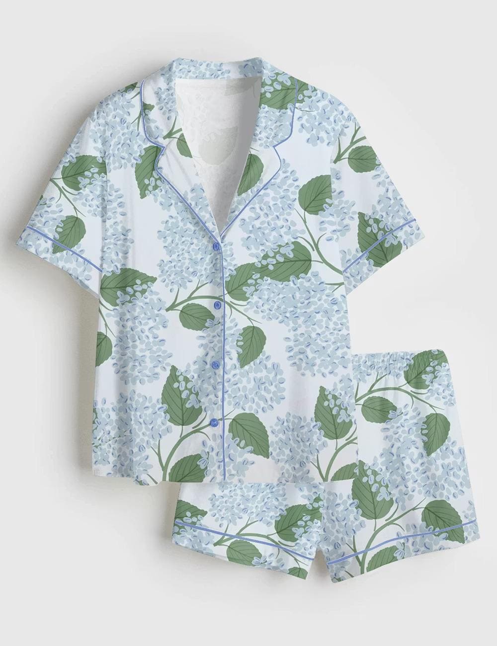 Light Blue Hydrangea Satin Pajama Set, Grandmillennial Coastal Wedding Sleepwear, Short Sleeve Bride Pjs, Bridal Shower Gift