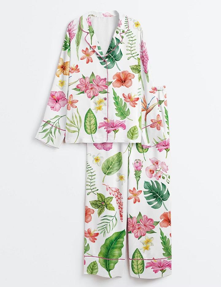 Watercolor Tropical Flower Satin Pajama Set, Hawaii Wedding Sleepwear, Short Sleeve Bride Pjs, Honeymoon Gift, Lounge Set